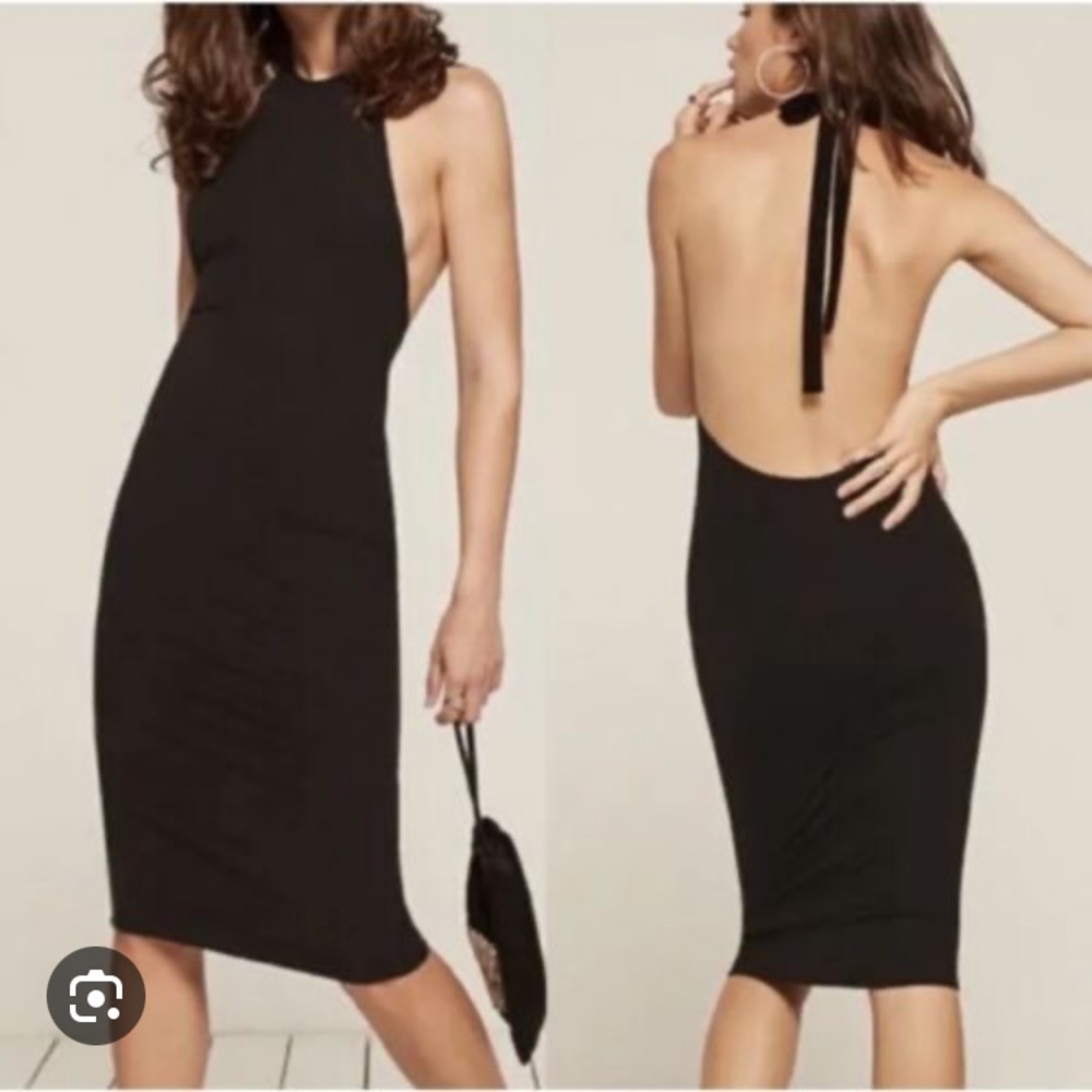 Reformation Zee Black Ribbed Halter Dress XS
